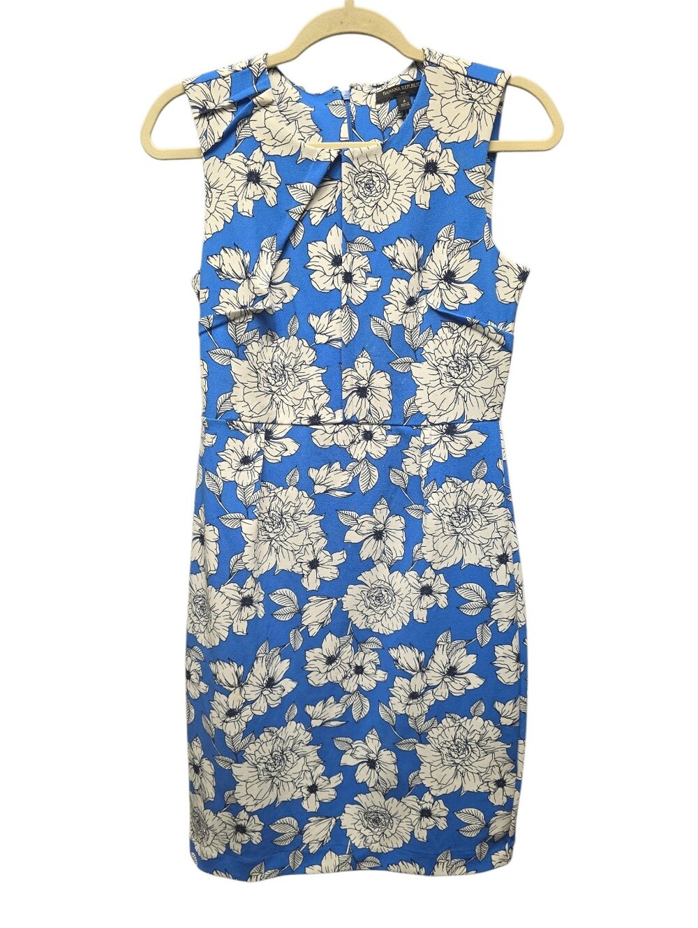 Banana Republic Factory Blue and White Floral  Pleat-Neck Sheath Dress SZ.4 NWT